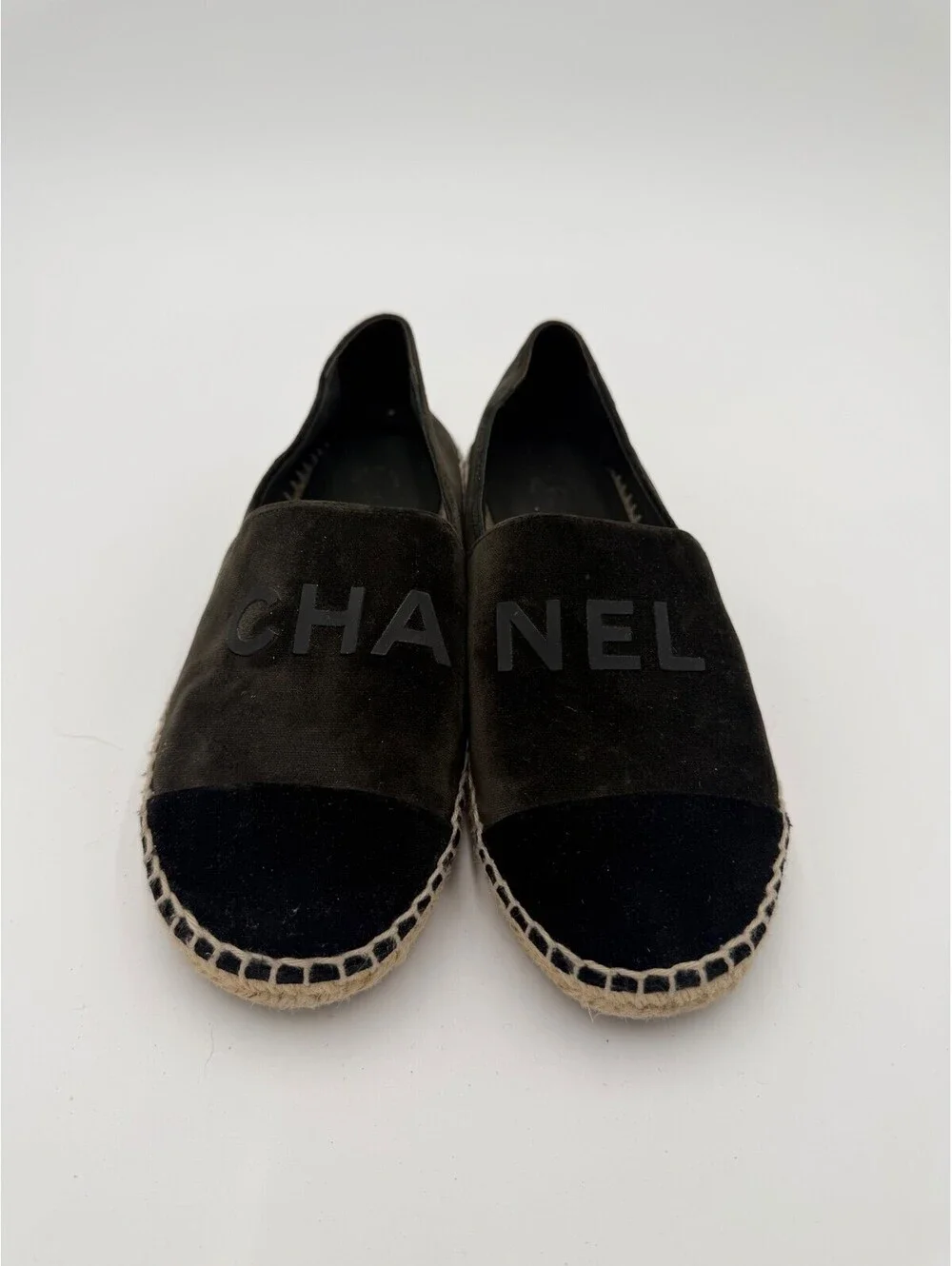 Chanel Espadrilles Black Velvet Flats Womens Size 7/37
